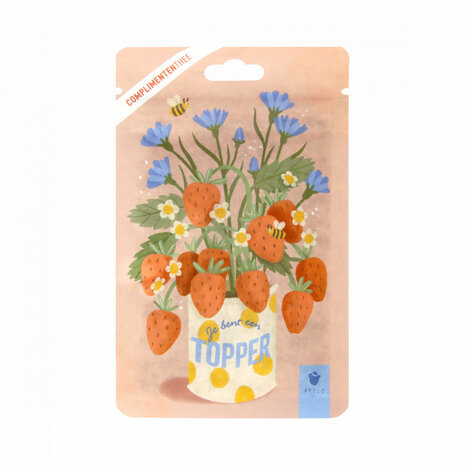 Detail van de opdruk Je bent een topper op het zakje thee met aardbei en abrikoos