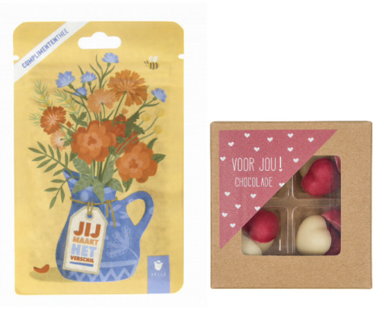Complimenten thee jij maakt het verschil met een doosje roze en witte chocolade hartjes