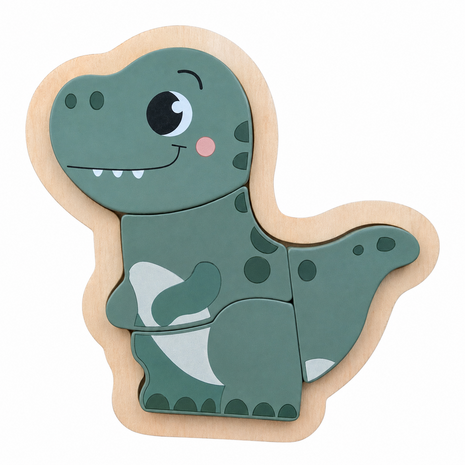 Houten inlegpuzzel met een vriendelijke groene dinosaurus voor peuters