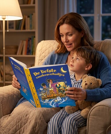 Sfeerbeeld van ouder en kind die samen een verhaaltje voor het slapengaan lezen