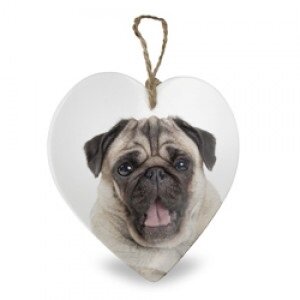 Keramieken hart hanger van 15 x 15 cm met een afbeelding van een mopshond