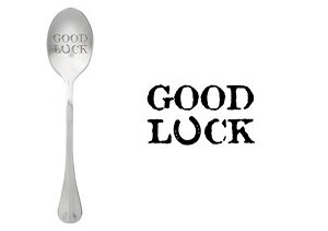 RVS gelukslepel Good luck gepresenteerd als origineel cadeau bij een nieuwe baan of examen 