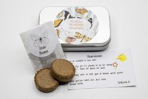 Ecologisch zadendoosje 9x6 cm met rijke vlinderbloemenmix en aarde.