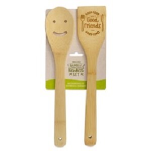 Bamboe keukenset good friends met tekstspatel en smiley lepel.