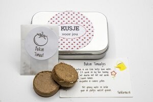 Lief cadeau doosje met tomaatzaden en aarde tabletten.