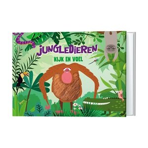 Hardcover kijk- en voelboek over jungledieren voor baby's.