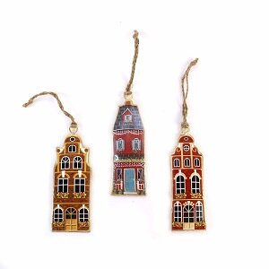 Set van 3 metalen hangende huisjes voor kerstdecoratie