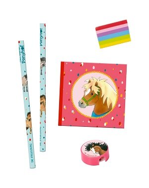 Inhoud etui schrijfset pony: potloden, gum en notitieboekje.