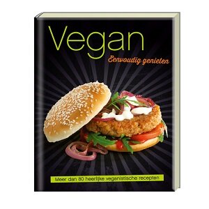 Hardcover kookboek Vegan eenvoudig genieten op een tafel.