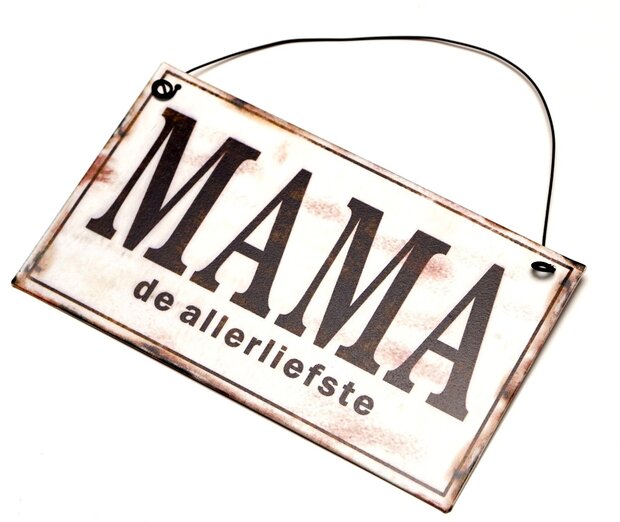 Detailopname van de belettering en het ophangsysteem op het metalen bordje