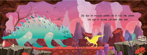 Interactief kinderboek met voelelementen en dino-illustraties.