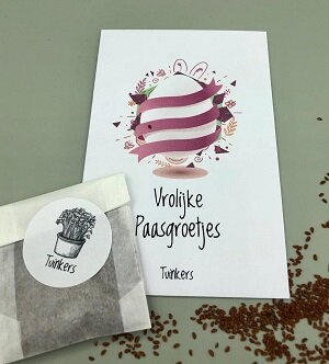 Compact kweekzakje met paasgroet van 14,5 x 9,5 cm voor de post.