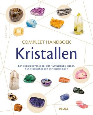 Voorzijde van het complete handboek kristallen met diverse kleurrijke edelstenen.