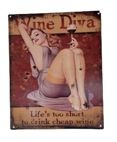 Metalen wandbord wine diva met tekst over wijn