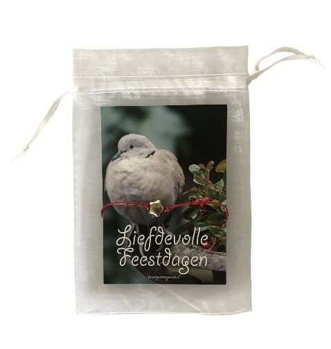 Kerstkaartje Liefdevolle feestdagen met duif en rood armbandje met zilveren ster