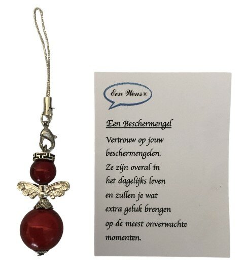 Beschermengel hanger in rood en zilver met tekstkaartje voor geluk.