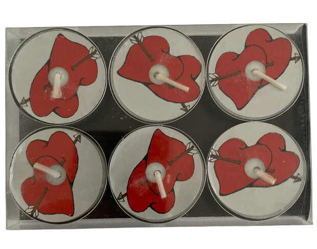 Set van 6 Liefde waxinelichtjes met hartjes en pijl in compact doosje
