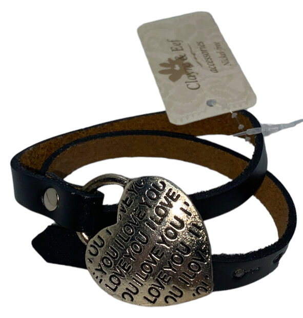 Zwarte leren wikkelarmband met hartvormige gesp I love you