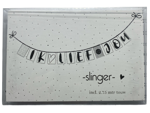 Transparant doosje met de DIY slinger Ik lief jou en zwart-wit touw