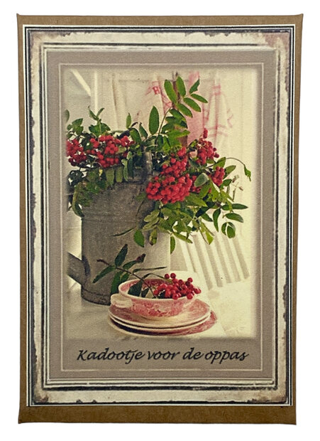 Vooraanzicht van het handgemaakte oppascadeautje met vintage typografie