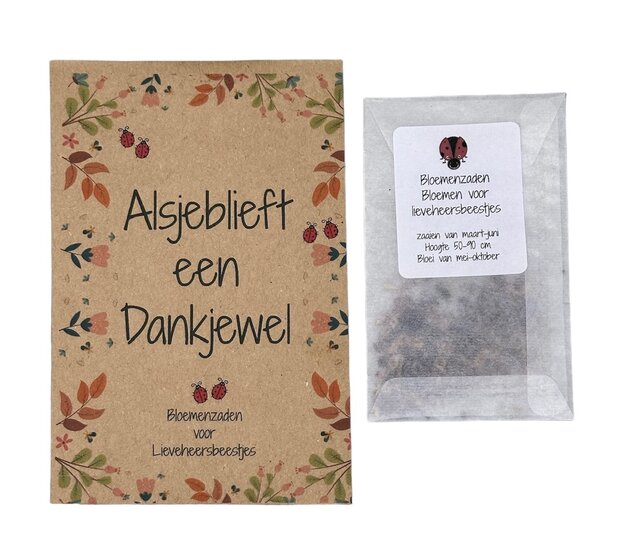 Kraftzakje met zaadjes voor lieveheersbeestjes en Dankjewel tekst