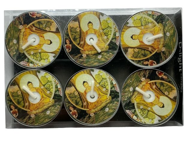 Set van 6 Boeddha waxinelichtjes in een geschenkdoosje van 12 x 8 cm