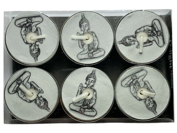 Geschenkdoosje met 6 waxinelichtjes bedrukt met een rustgevend boeddhabeeld