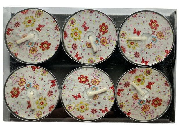 Set van 6 bloemetjes waxinelichtjes met vrolijke print in compact doosje
