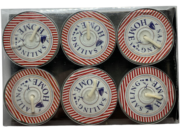 Set van 6 waxinelichtjes met de opdruk Sailing home in bewaardoosjeome rood
