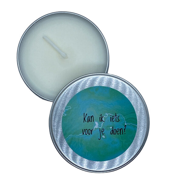 Koolzaadwas geurkaars in blikje met tekst Kan ik iets voor je doen