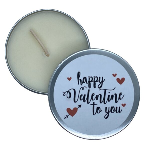 Koolzaadwaskaars in blikje met de tekst Happy Valentine to you