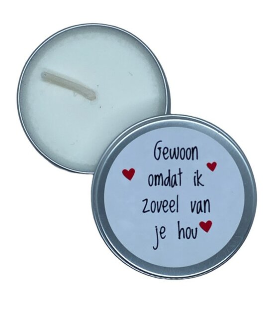 Koolzaadwaskaars in blikje met de tekst Gewoon omdat ik zoveel van je hou