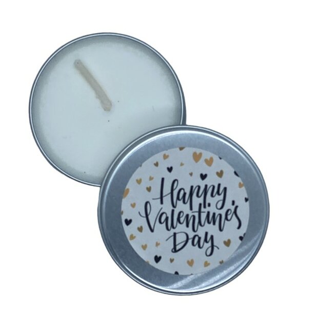 Koolzaadwaskaars in blikje met de tekst Happy Valentines Day