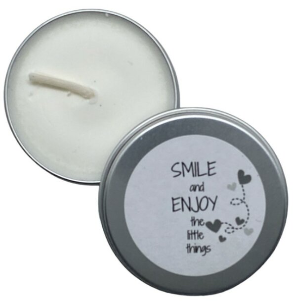 Koolzaadwaskaars in blikje met de tekst Smile and enjoy the little things