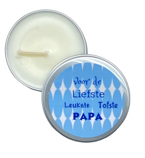 Vegan geurkaarsje in blik met tekst Voor de liefste leukste tofste papa
