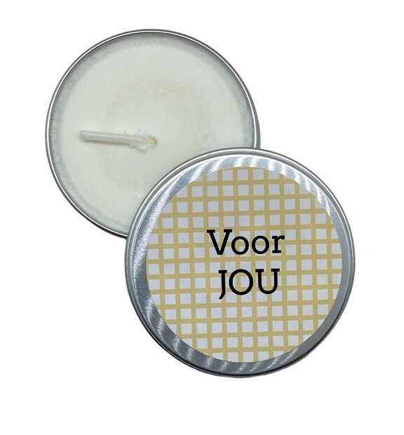 Koolzaadwaskaars in blikje met de tekst Voor jou
