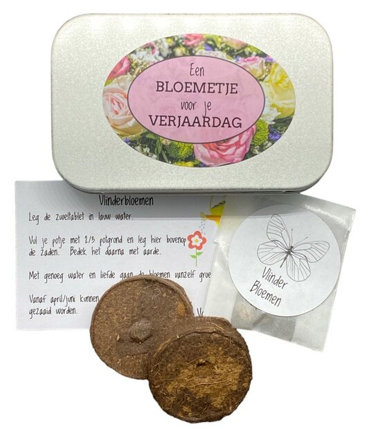 Zadendoosje vlinderbloemen een bloemetje voor je verjaardag.
