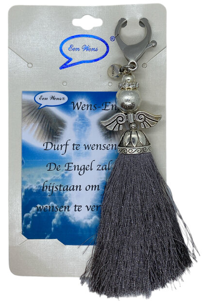 Zilveren wens engel sleutelhanger met grijze kwast op giftcard.