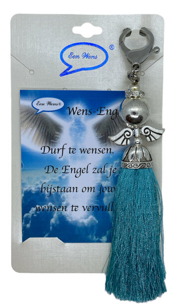 Turquoise wensengel sleutel en tashanger gepresenteerd op de inspirerende giftcard