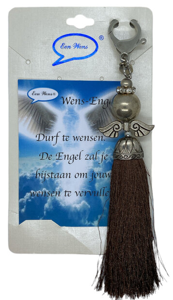 Wensengel sleutelhanger met bruine kwast gepresenteerd op een giftcard met tekst