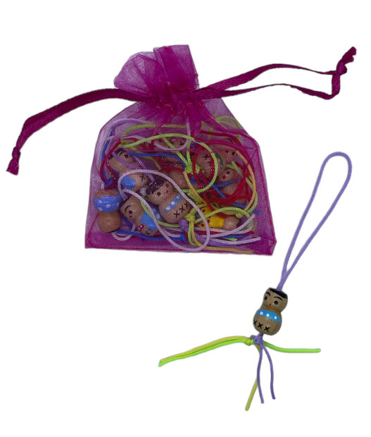 Set van 10 kleurrijke houten gelukspoppetjes in een zakje.