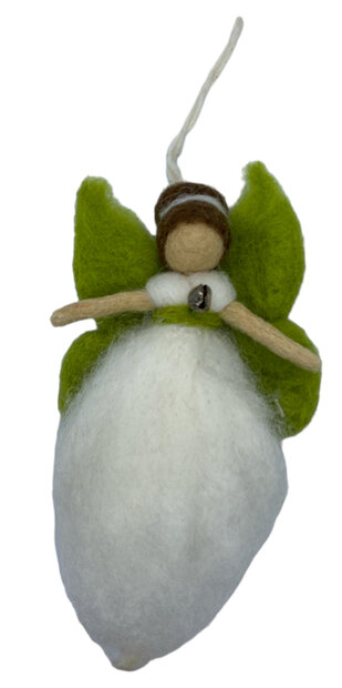Wit-groene wollen beschermengel hanger van 14,5 cm voor in huis.