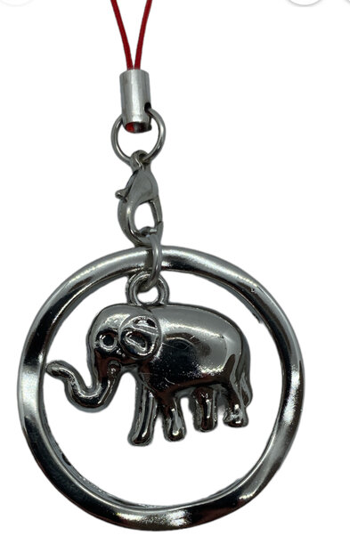 Ronde hanger met een zilverkleurige olifant met slurf omhoog.