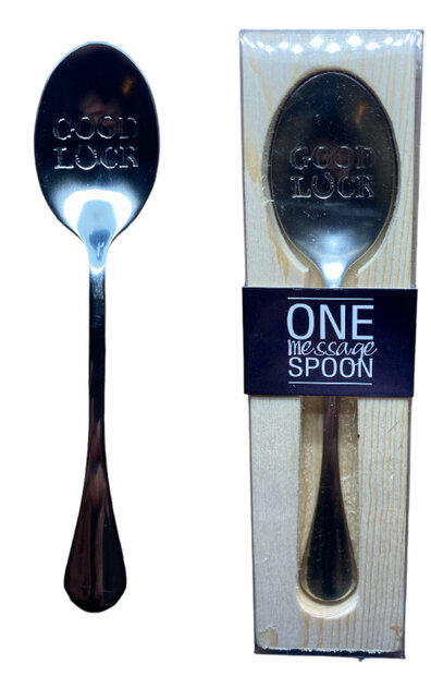 Luxe RVS lepel met de ingegraveerde tekst Good luck in houten geschenkverpakking