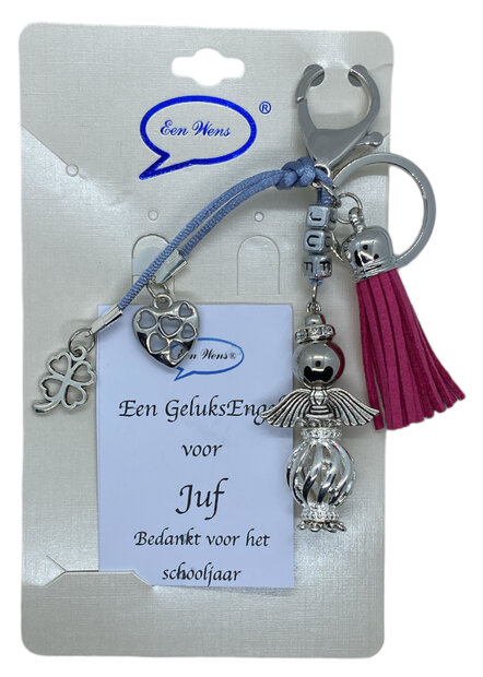 Geluksengel sleutelhanger voor juf met letterkralen op een giftcard met danktekst