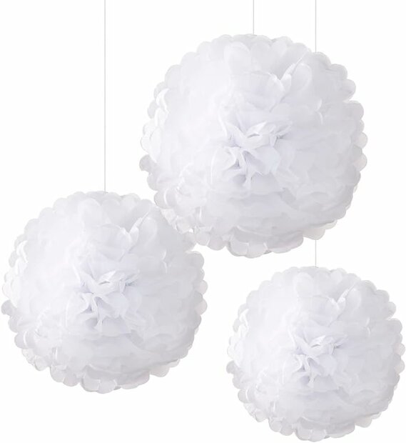 Set van 3 witte papieren pom poms in verschillende maten 38 cm 30 cm en 25 cm