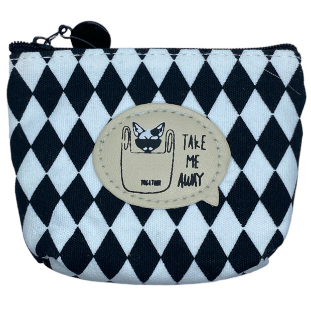 Compacte zwart-wit geruite portemonnee met tekst Take me away van 11 x 9 cm