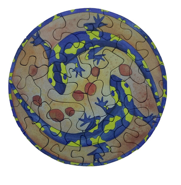 Ronde puzzel natuur met salamanders 8,5 cm.