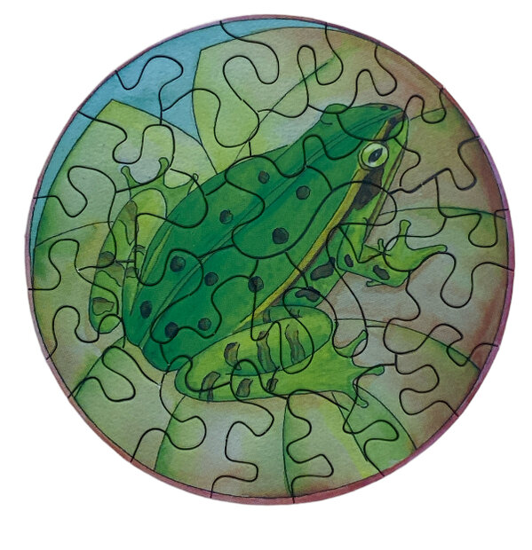 Groene kikker minipuzzel rond 8,5 cm.