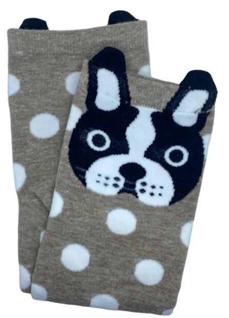 Donkerbruine kindersokken maat 24 met witte stippen en hondje.